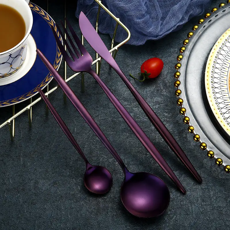 Purple KuBac 24 шт. набор фиолетовых столовых приборов топ из нержавеющей стали нож для стейка вилка синие столовые приборы набор посуды Черный Золотой Серебряный Прямая - Цвет: Purple