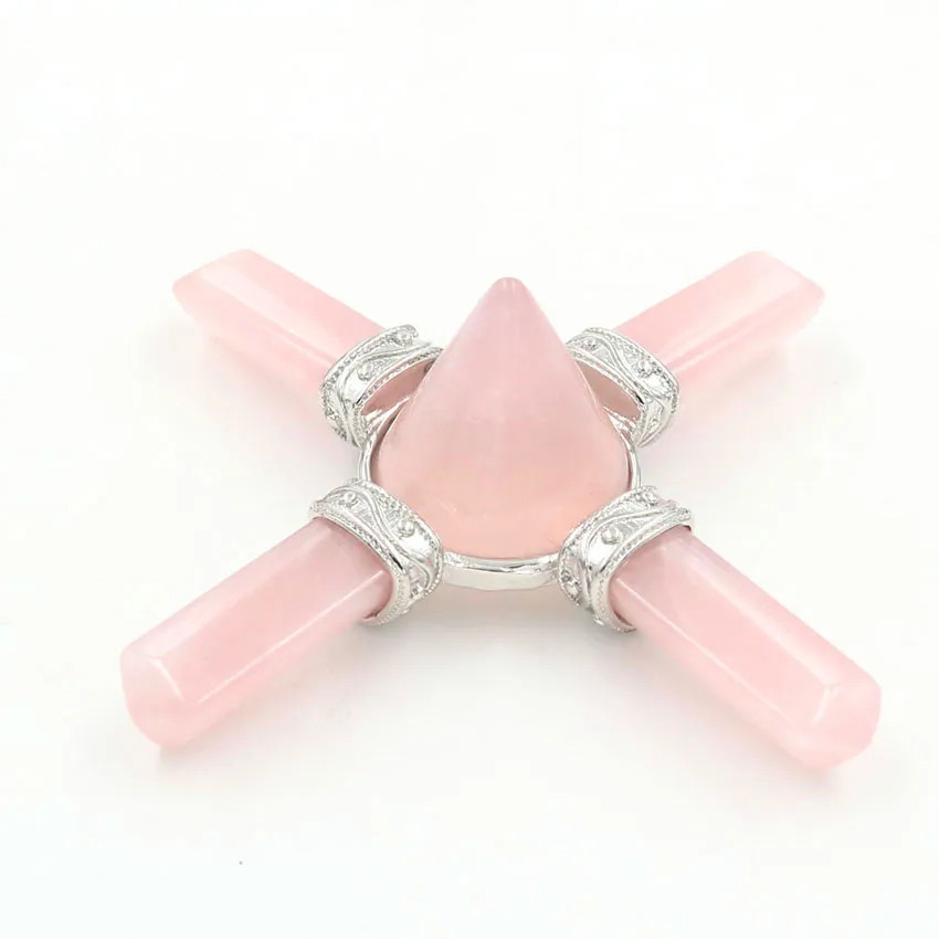 

FYJS Unique Female Jewelry Silver Plated Round Pyramid Connect Natural Rose Pink Quartz Pillar Energy Converter Pendant