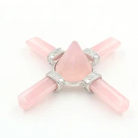 fyjs unique female jewelry silver plated round pyramid connect natural rose pink quartz pillar energy converter pendant