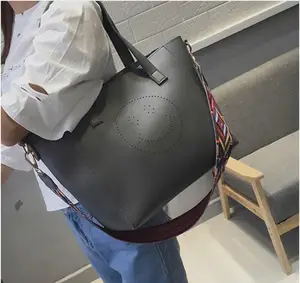 Повседневная Большая Сумка-тоут, Дамская ажурная сумка со смайликом из искусственной кожи, простая Ретро сумка для покупок