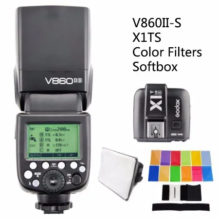 

Godox Ving V860II V860II-S + передатчик X1TS Speedlite Flash Fast HSS для Sony A7 A7S A7R с софтбоксом и цветными фильтрами