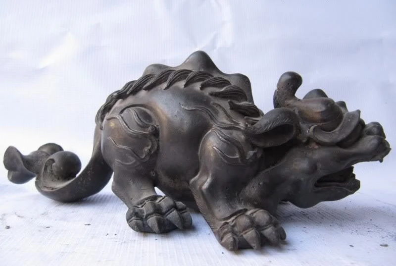 4 Китайский Превосходный чистый бронзовый медный резной злой зверь Foo собака