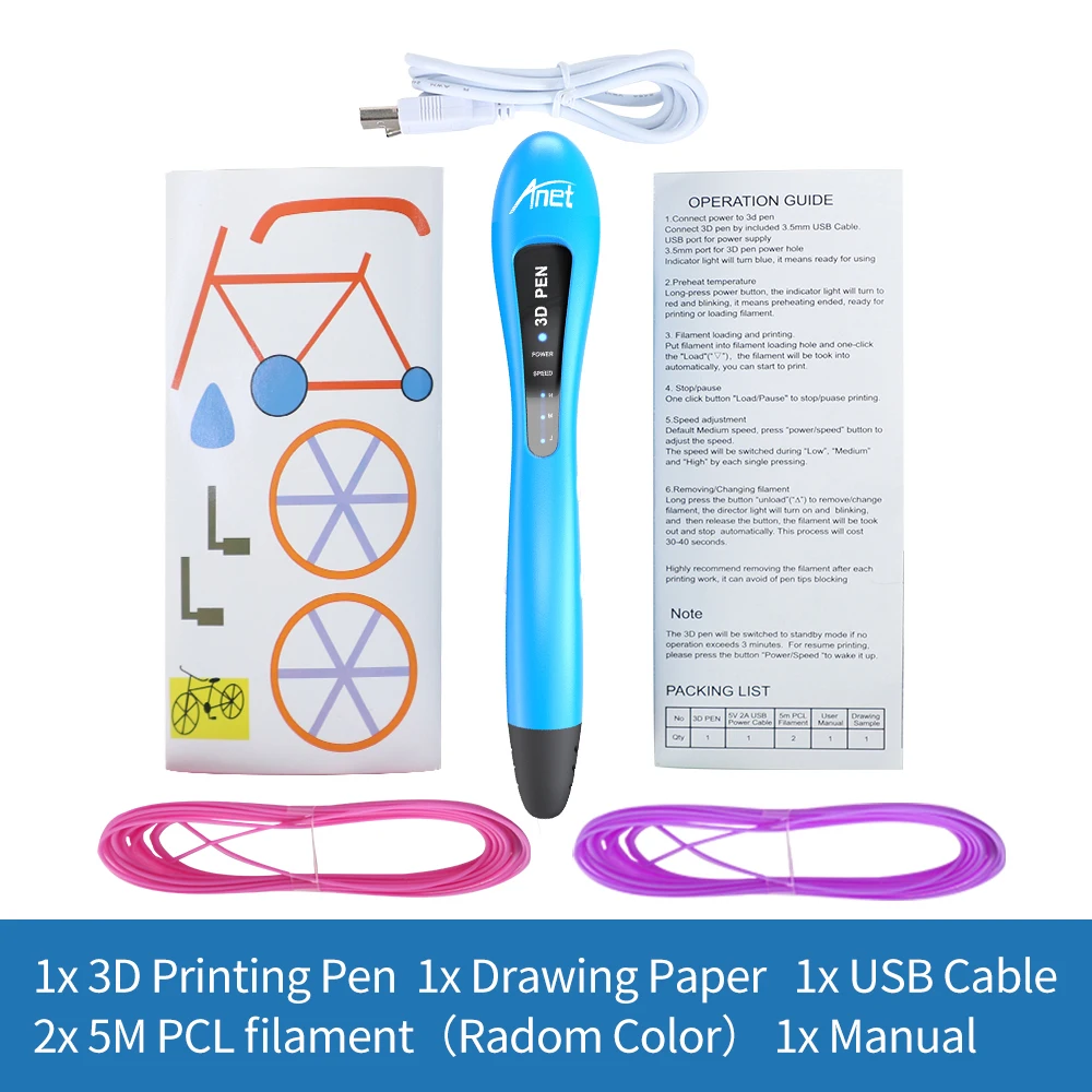

Anet 3D Pen LED Indicators Low Temperature 3D Drawing Printing Pen 1.75mm 3d pen Filament Refills DIY Creative Gift for Kids