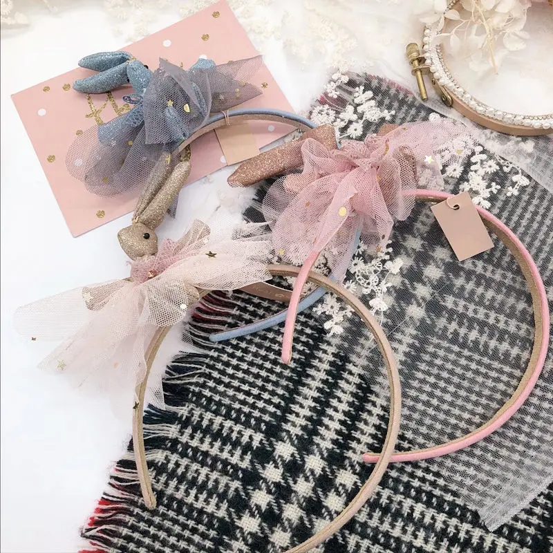 

6pcs Novelty Gauze Rabbit Hairbands Cute Kids Gauze Ribbon Bows Hairpins Beige Pink Gauze with Crystal Hair Sticks Wholesale