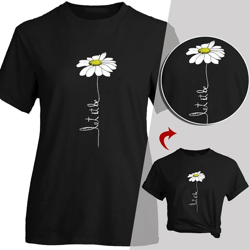 Женская футболка с круглым вырезом и коротким рукавом летняя черная принтом Daisy