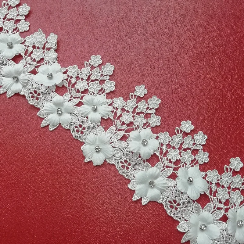 1 Yd белый полиэстер 3 цветок шитая кружевом ткань лента аппликация ручной работы