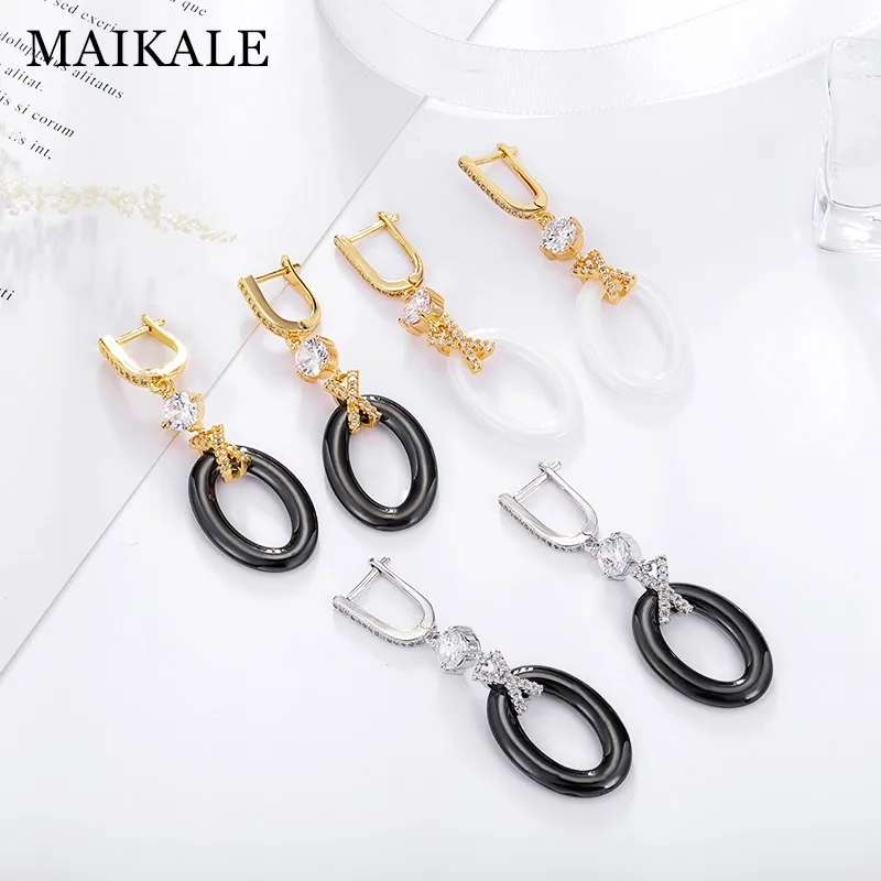 MAIKALE, новые модные керамические висячие серьги, круглая форма х, медь AAA, фианит, черное белое золото; серебро; Сережки для женщин