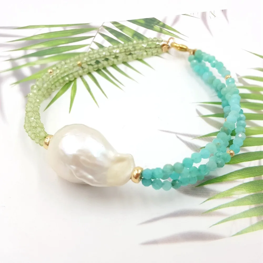Lii Ji Natural Gemstone Peridot Amazonite Baroque Pearl 925 Sterling Silver 18K Gold Color/9K GF 3 Rows Bracelet | Украшения и