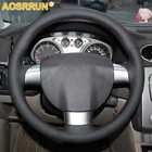 3-спицевые кожаные аксессуары AOSRRUN чехол рулевого колеса автомобиля для Ford Focus 2 2005-2010, черные