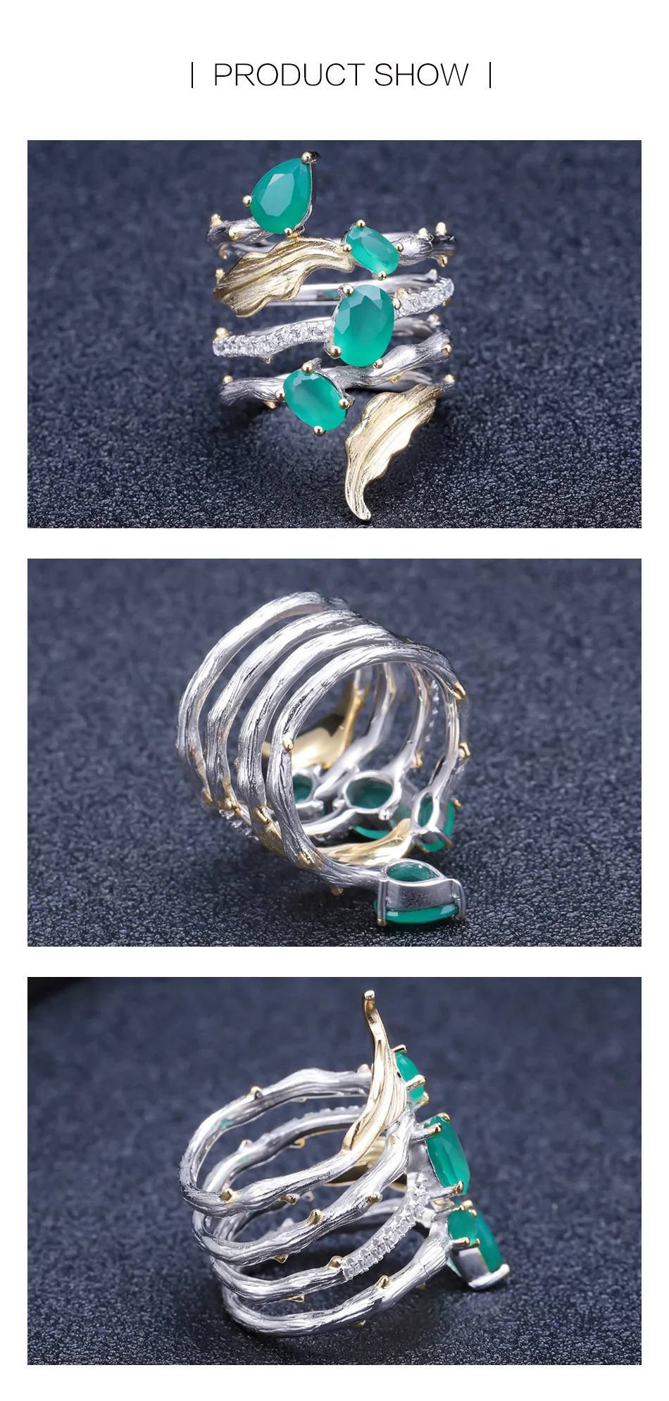 GEM'S балетное 925 пробы Серебряное винтажное неоготическое кольцо 2.26Ct натуральный зеленый агат, натуральный камень, кольца на палец для женщин, хорошее ювелирное изделие