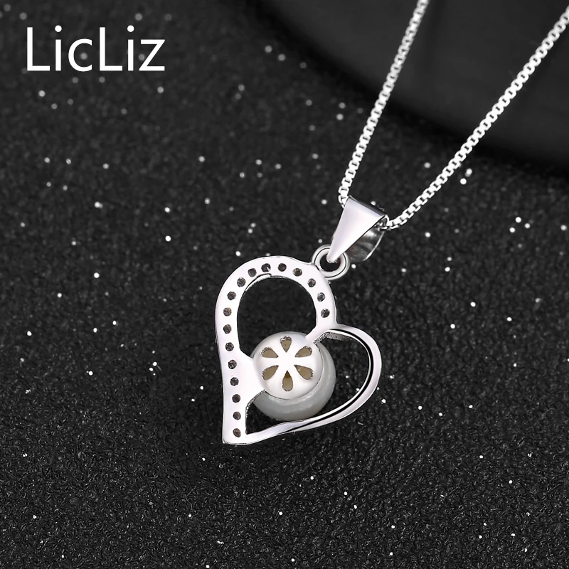 LicLiz 925 пробы серебро Кулоны в форме сердца очарование Для женщин DIY Пресноводный Жемчуг полые подвеска циркониевая подвеска Pave Подвески LP0233