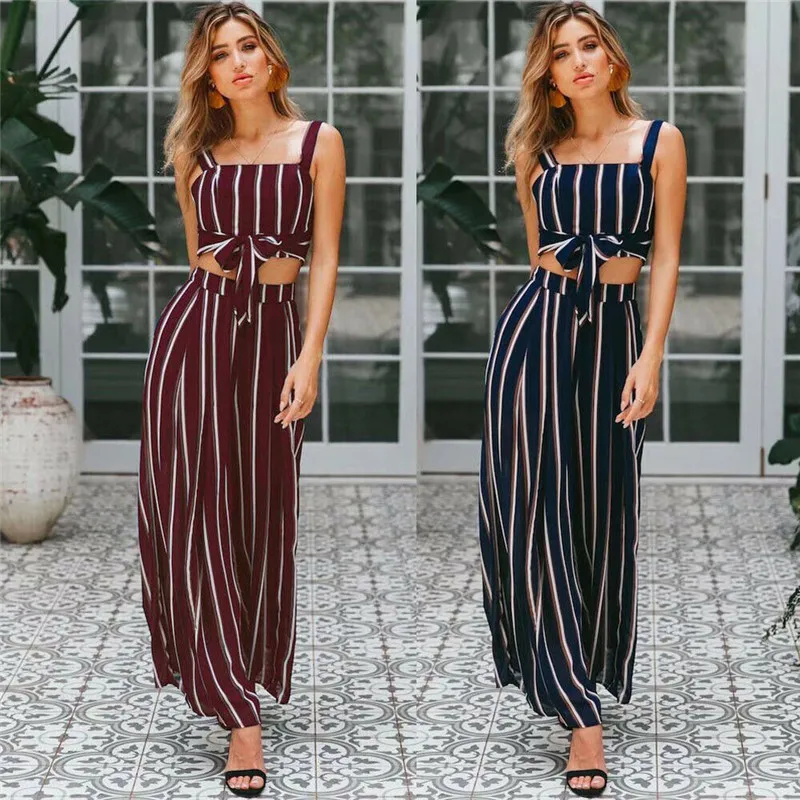 

Sexy Two Piece Set Sleeveless Sling Bow Tie Crop Tops Long Loose Pants Striped Printed Matching Sets Summer Clothes for Women