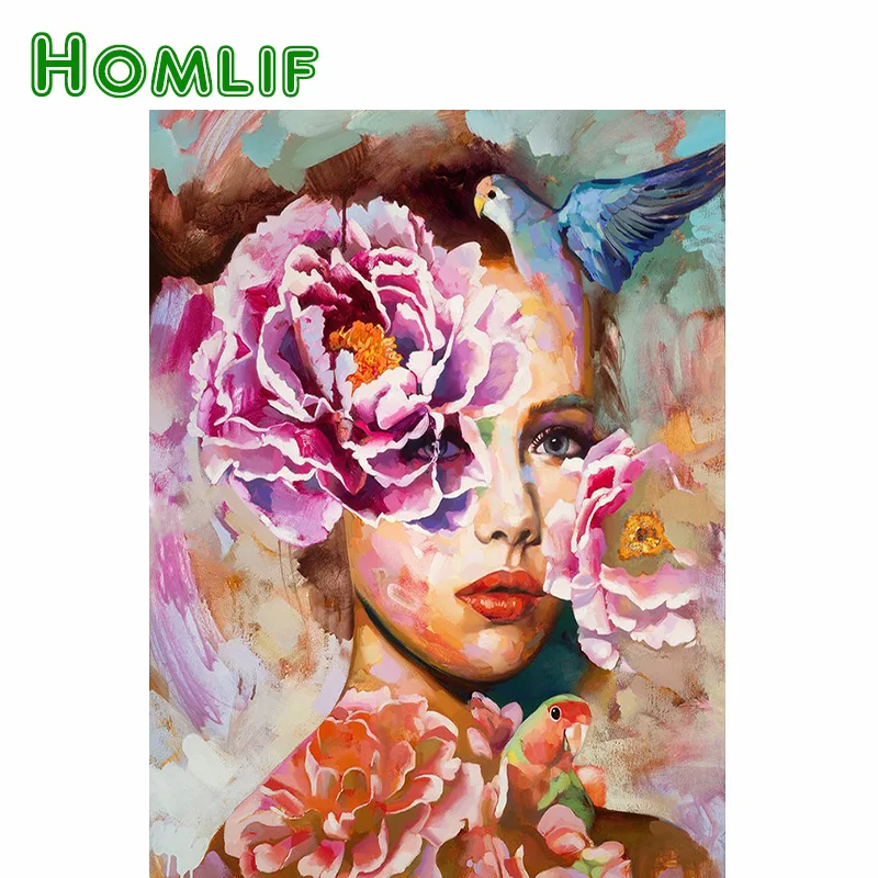 

HOMLIF полностью квадратные/круглые алмазы, девушка-попугай с цветами, 5D DIY Алмазная вышивка, мозаика, алмазная живопись, стразы, вышивка крести...