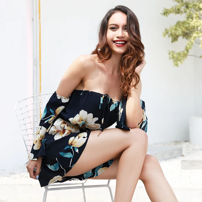 Женские комбинезоны с открытыми плечами Heydress черные цветочным принтом прямые