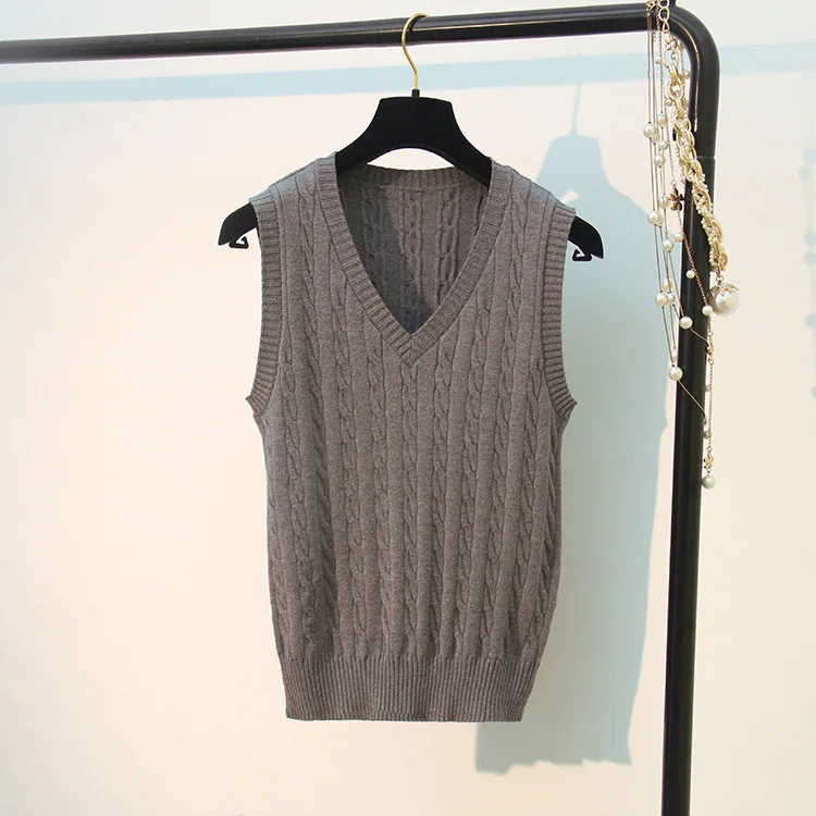 Korean Wool Sweater Vest Spring Autumn Women V-Neck Knitted Female Casual Tank tops Tees Sleeveless Twist Knit Pullovers | Женская