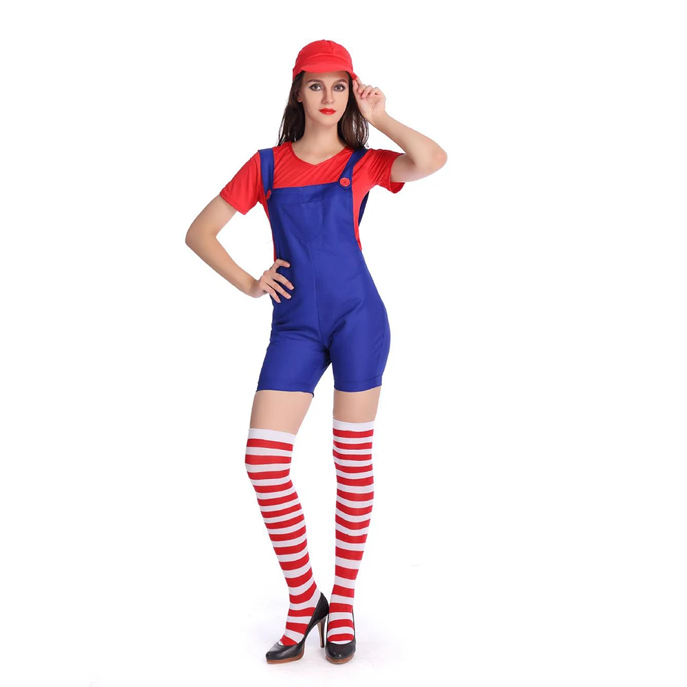 

Women Luigi Brothers Costume With Stocking Women Anime Super women Cosplay Adult Plumber Uniform Halloween costume for women