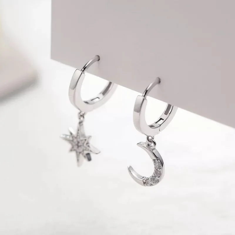 1 pair silver 9mm Серьги из стерлингового серебра 925 пробы, модные серьги с цирконием, звездами и луной, серьги-капли, кольцо для ушей, милое, дикое, темпераментное, для девушек, серебряные серьги, ювелирное изделие - Окраска металла: 1 pair silver 9mm