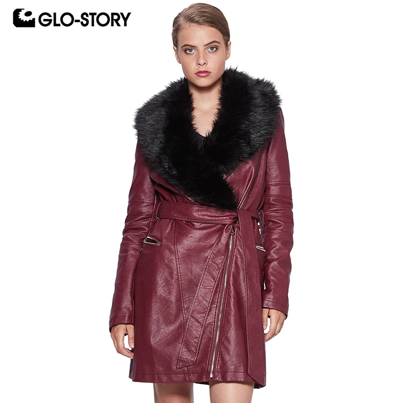 GLO STORY длинные кожаные куртки для женщин зимние с меховым воротником на молнии