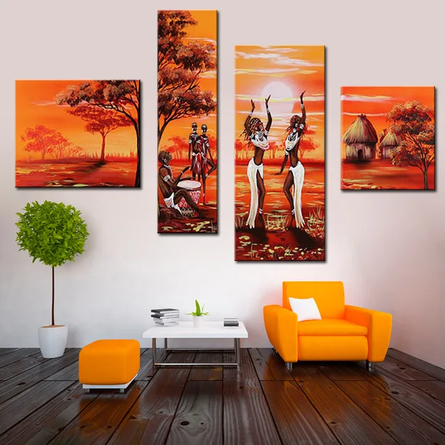 

Modern Oil Painting Home Decor Calligraphy Landscape The African Tribal Life Dancing Women for Living Room Wall Decor 4 Panel