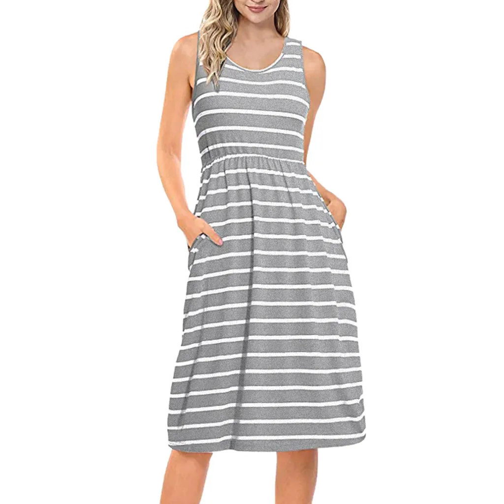 Vestidos Verano/элегантное женское Повседневное платье с круглым вырезом без рукавов