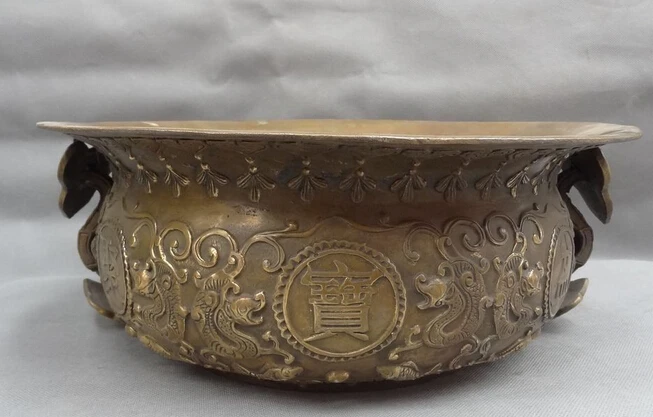 

xd 002238 14" Tibet Bronze Buddhist RuYi Dragon Head Statue Incense Burner Treasure Bowl