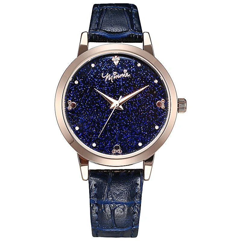 Для женщин Роскошные Bling ночное небо Звезда Стразы блестящие украшения дамы Натуральная кожа кварцевые модные часы Дисней Минни милашки - Цвет: Синий