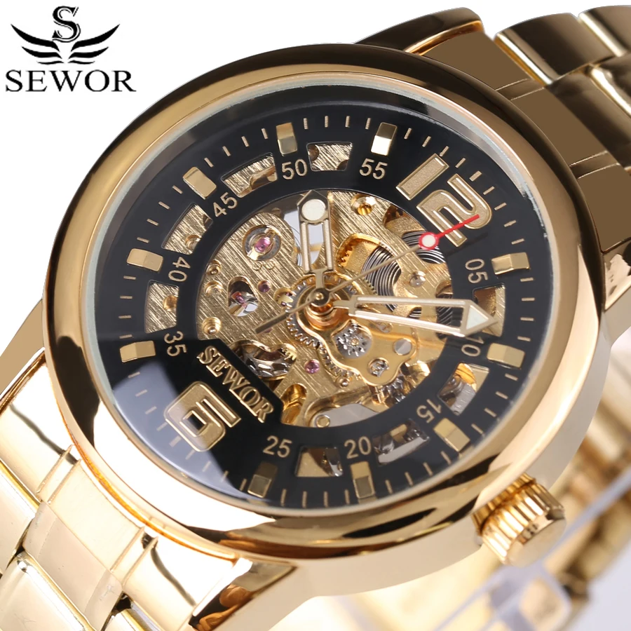 

Fashion SEWOR Men Golden Skeleton Mechanical Watch Classic Steampunk Stainless Steel Band Wrist watch Gift Mens Watches New