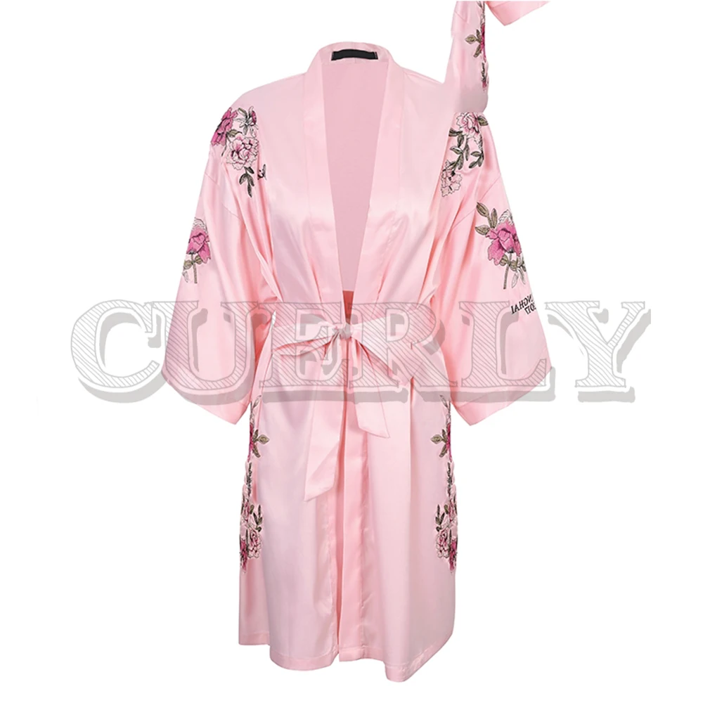 Милая Элегантная пижама кимоно халат розовый цветочный одежда с вышивкой