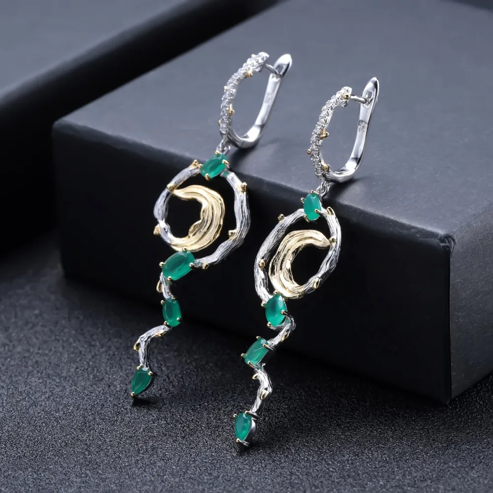 GEM'S балетные серьги с натуральным зеленым агатом, 925 пробы, серебряные, ручная работа, массивные Винтажные висячие серьги для женщин, хорошее ювелирное изделие