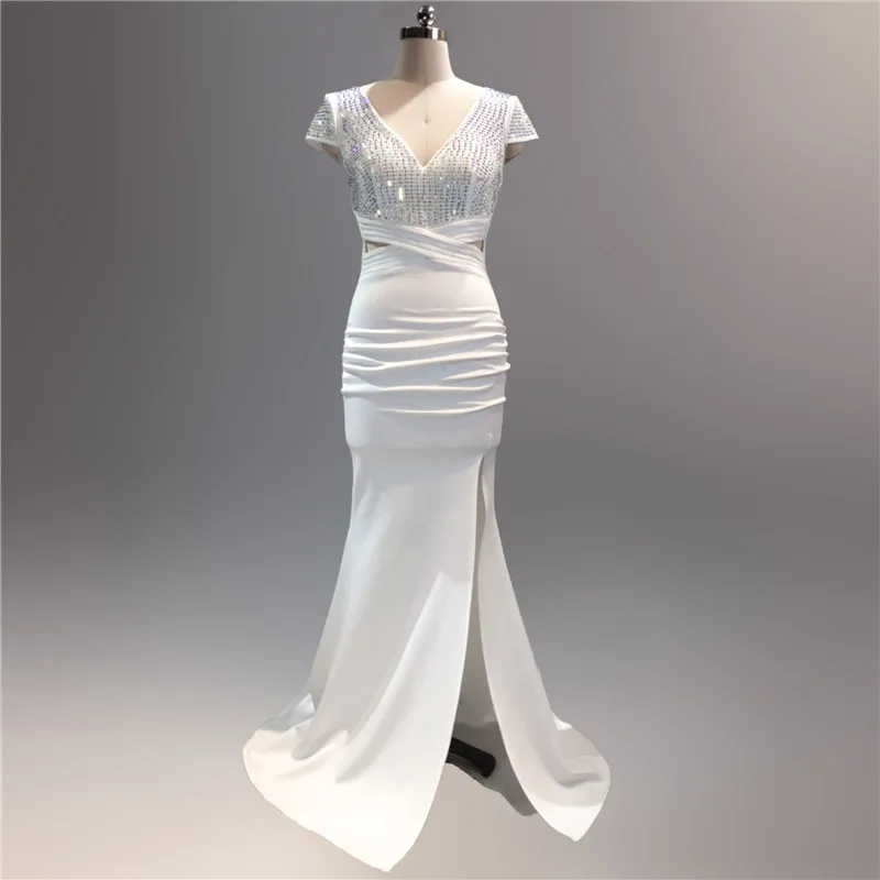 

Sequines Dress Elegant Deep V Neck Backless Party Maxi Dresses Sexy Slit Mermaid Long Dress Women