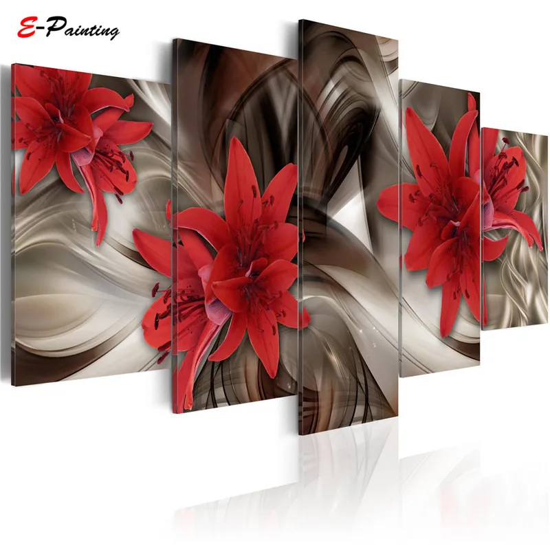 Современная Картина на холсте 5 штук красный цветок лилии абстрактный изысканный