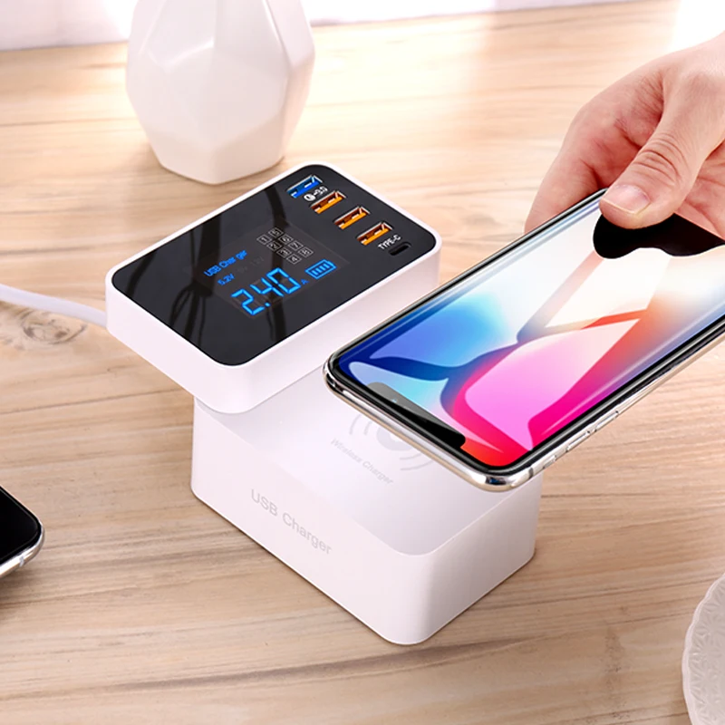 5 портов USB зарядная станция ЖК-дисплей настольная умная Беспроводная зарядка