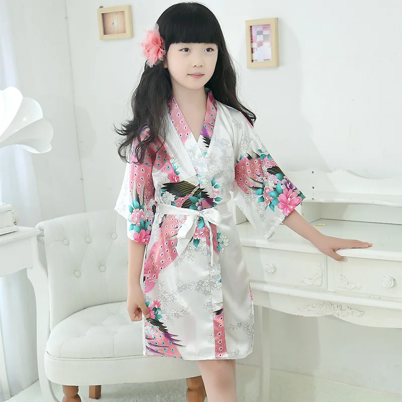 Халат-кимоно для девочек с цветочным принтом шелковая ночная рубашка белым