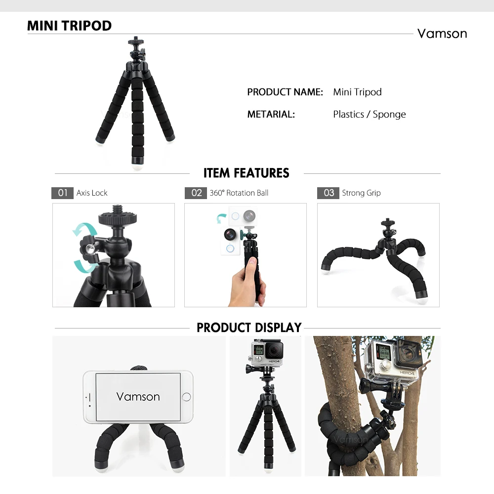 Vamson Accessories for Xiaomi Yi 4K Gopro Hero 7 6 5 4 Set Kit Adapter Mount Storage Bag Tripod Eken Camera VS161 | Электроника