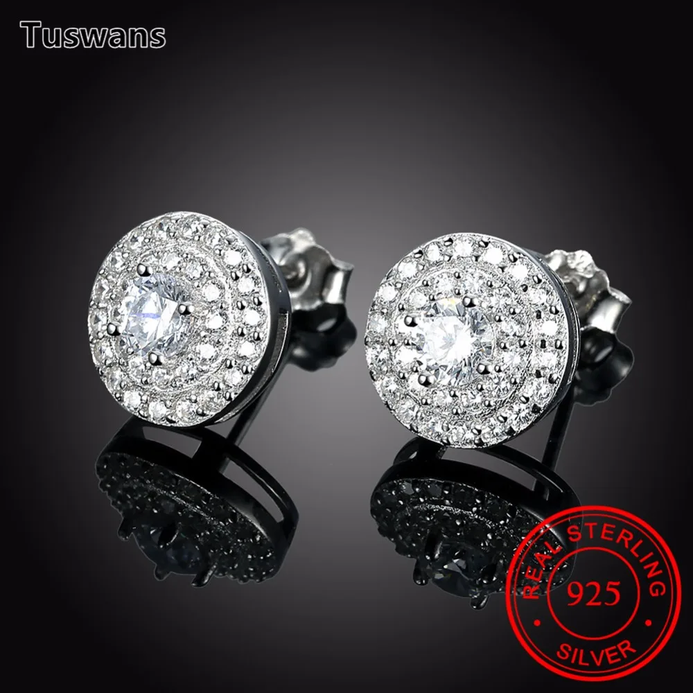 100% Настоящее серебро 925 пробы белый круговой кристалл циркон круглые серьги