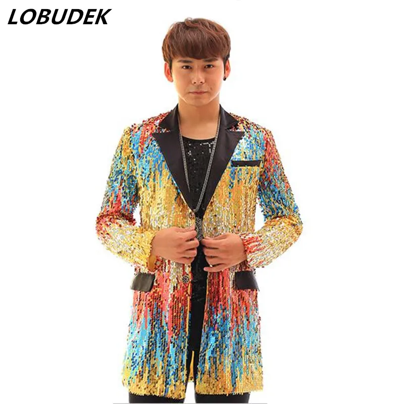 

male costume color paillette male long jacket blazer DJ dancer dress singer performance coat nightclub party bar show cool