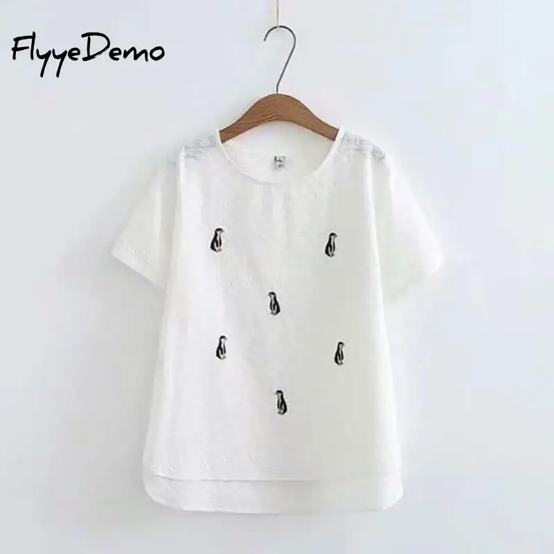 4XL размера плюс с рисунком пингвина вышивкой Женские топы коротким рукавом 2020