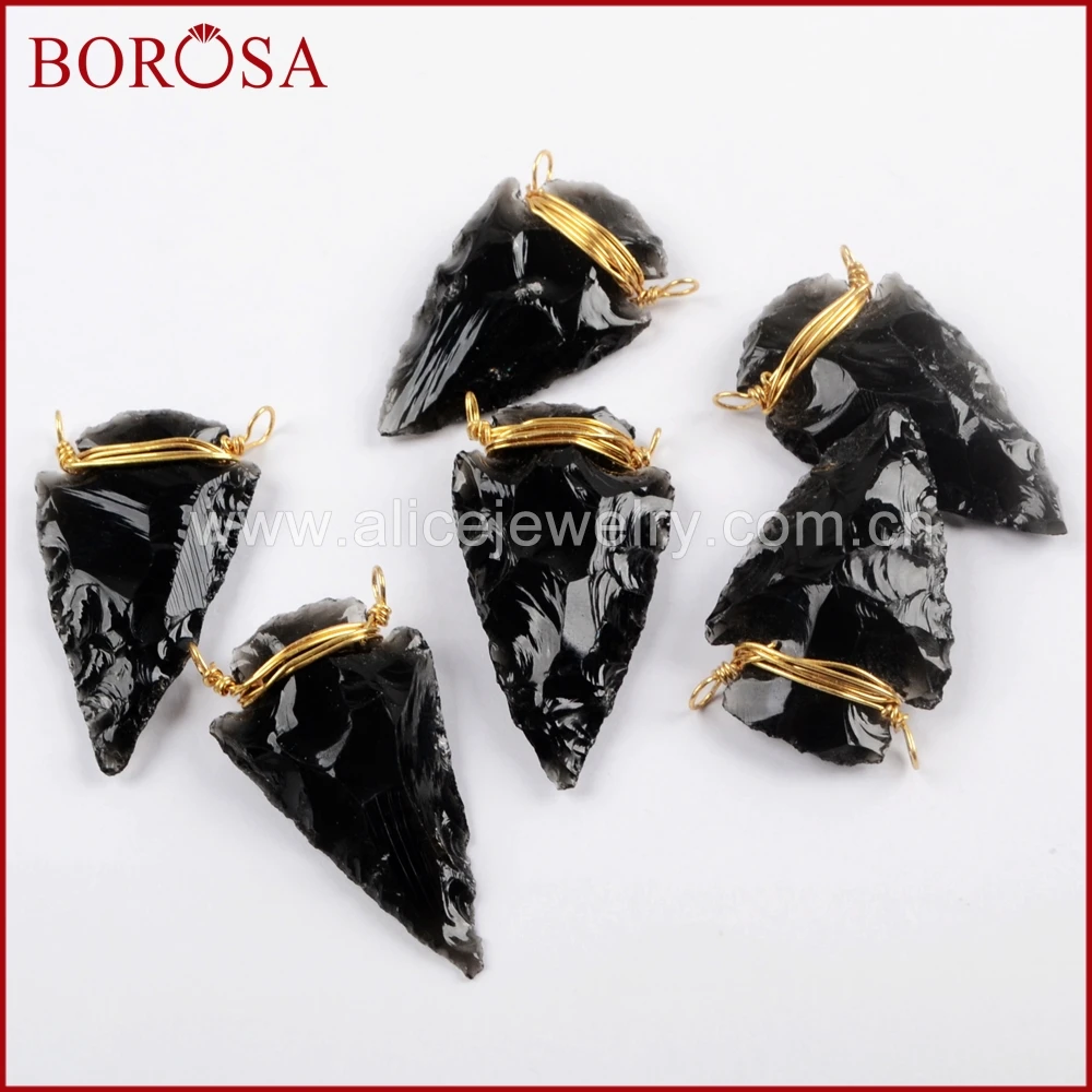 

BOROSA 10/20PCS New Gold Wire Wrapped Black Obsidian Arrowhead Connector Jaspers Gems Double Charms for Necklace Jewelry G1644