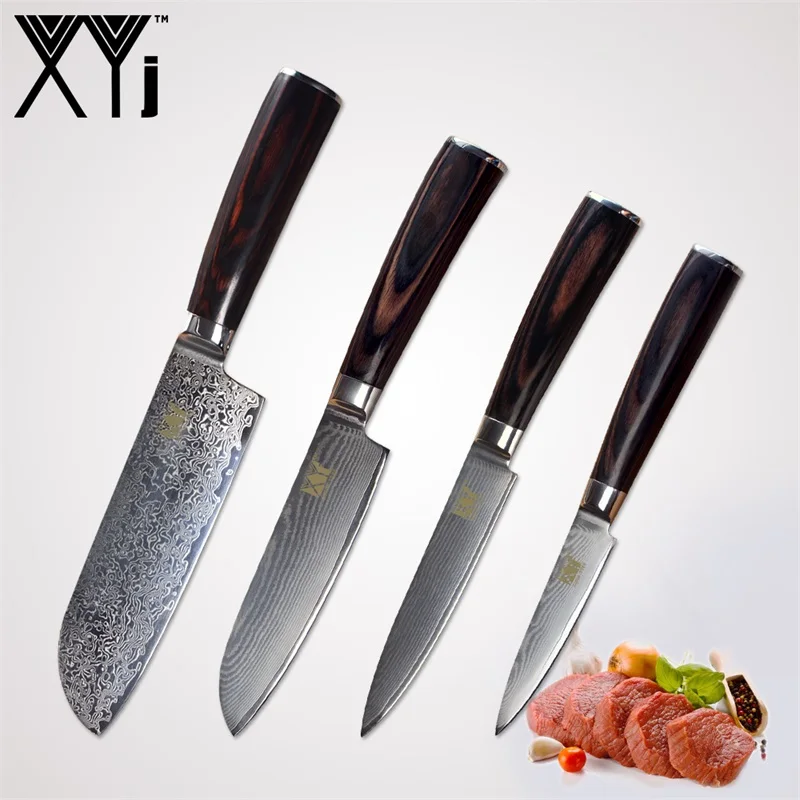 D.4 Pcs Set XYj цвет деревянной ручкой Дамасские кухонные ножи Набор аксессуаров 73 слоя японский VG10 дамасский стальной нож кухонный подарок - Цвет: D.4 Pcs Set