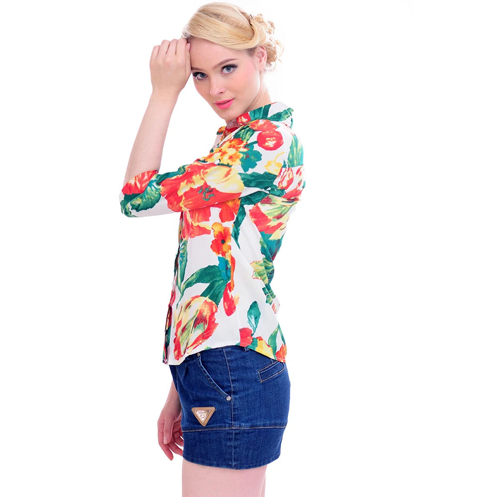 Женская хлопковая блузка с отложным воротником цветочным принтом | одежда