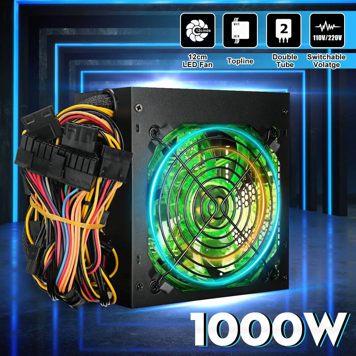 Черный 1000 Вт 110 ~ 220 В блок питания PSU PFC 12 см светодиодный бесшумный вентилятор ATX