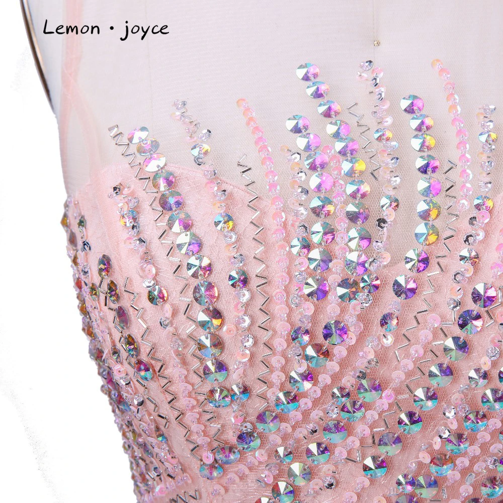 Formal Light Pink Evening Dresses Mermaid 2018 New Design O-neck Backless Beading Crystal Floor-length Tulle Party Gowns | Свадьбы и