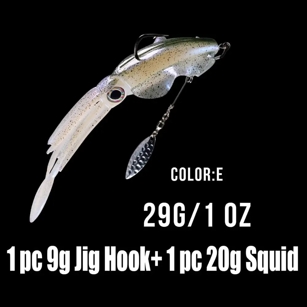 1pcs Color E Thkfish светящаяся Мягкая приманка для кальмаров, 20 г, 3D глаза, приманка для морской рыбалки, осьминог с лезвием 9 г, крючок для соленой воды - Color: 1pcs Color E