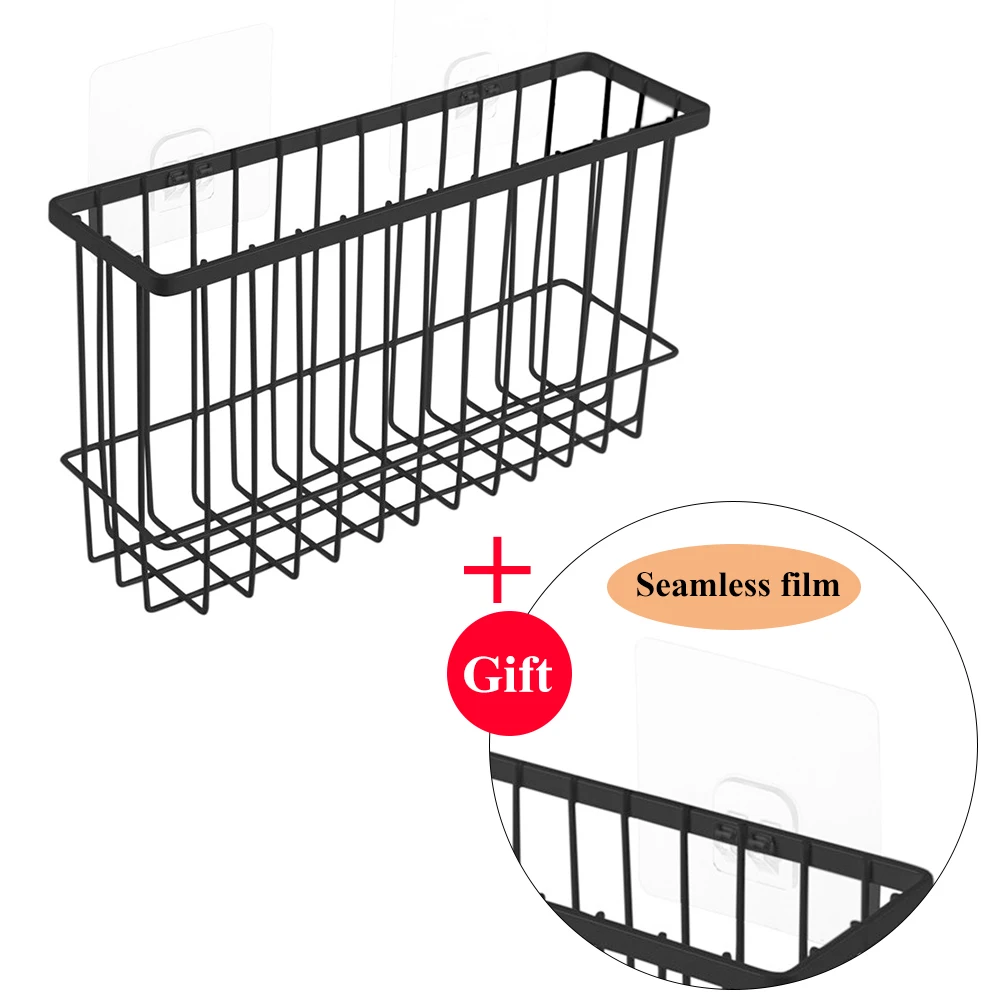 1PCs Kitchen Wall Mounted Iron Storage Basket Desktop Bathroom Sundries Hanging With Seamless Film | Дом и сад