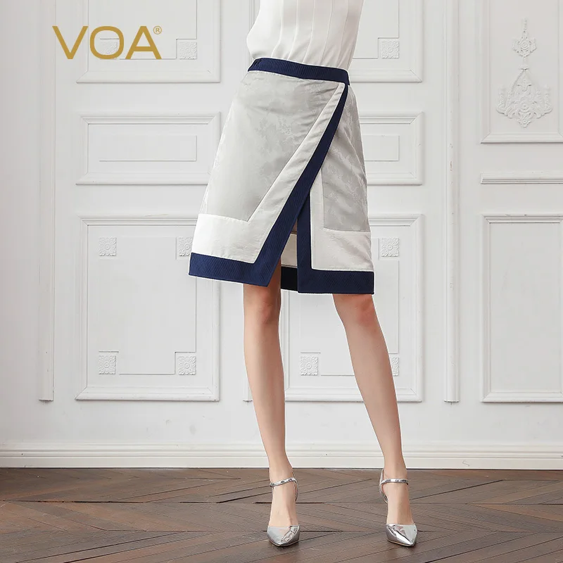 VOA Silk Jacquard A Line Skirts Women Sliver Grey Sexy Split Midi Skirt Basic Mid Waist Office Ladies Elegant Large Size C608|Женские