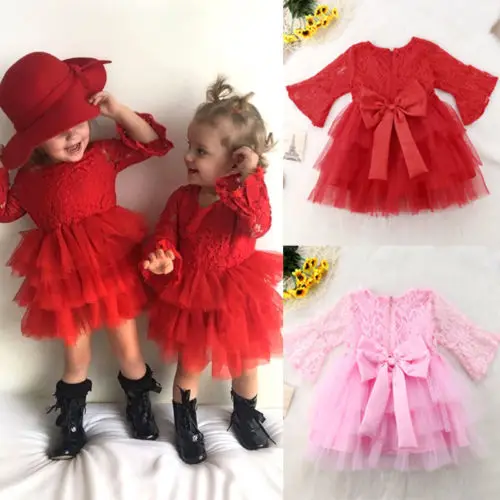Новинка рождественское красно-розовое кружевное многослойное платье детское
