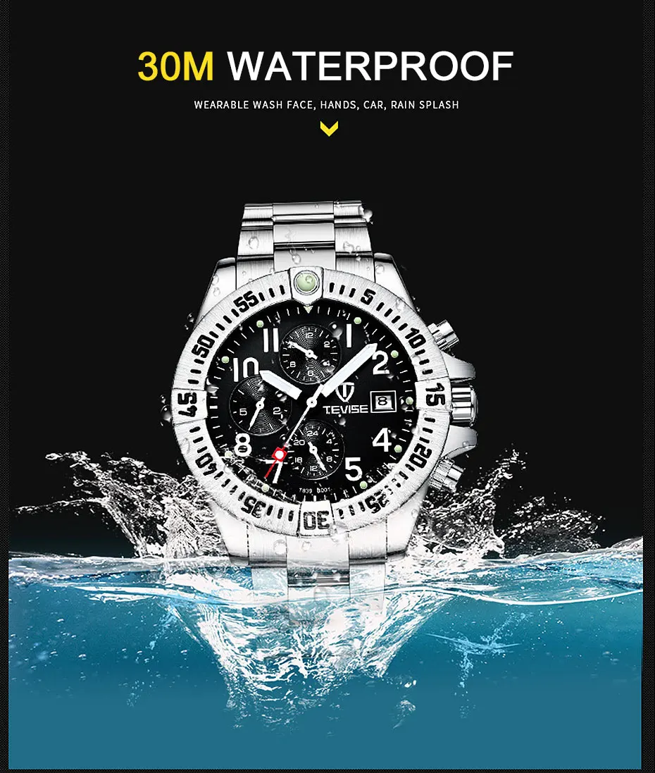 TEVISE Luxury Brand Men Automatic Mechanical Watch Male All Stainless steel Skeleton Luminous Wristwatch Relogio Masculino+BOX