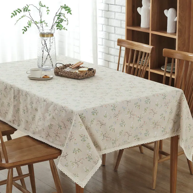 

Pastoral Retangular Dining Tablecloth Small Flower With Lace Linen Cotton Dustproof Table Cover Wedding Coffee Table Decoration