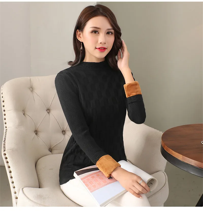 WKOUD Winter Knitted Pullovers 2018 Solid Turtleneck Sweater Thickening Fleeces Women Long Sleeve Stretch Knitwear Jumper M8231 | Женская