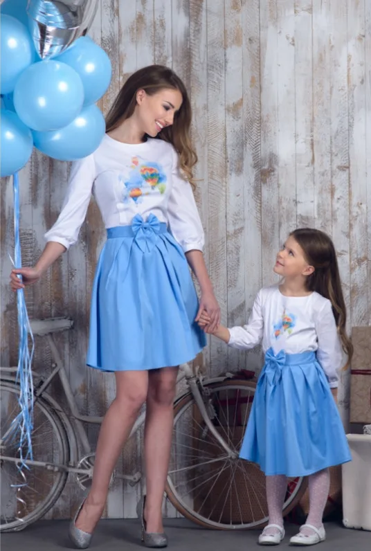 Платья для мамы и дочки рубашка + юбка с галстуком бабочкой Одинаковая одежда